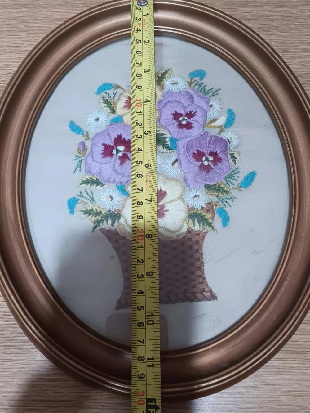 Vintage Completed Framed Floral Embroidery Wall Art - Purple and Cream Pansies